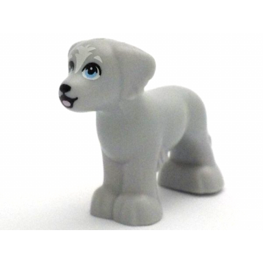 light bluish gray dog friends shaggy fur ears and tail with black nose open mouth and eyelids bright pink tongue white eyebrows and blaze and bright light blue eyes pattern