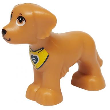 medium nougat dog friends shaggy fur ears and tail with black nose mouth eyelids and eyebrows yellow bandana with heart and white paw print pattern rocky
