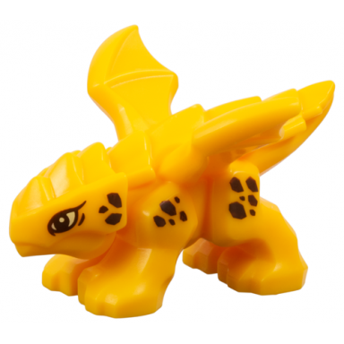 dragon baby with 4 feet and open wings with bright light yellow eyes and reddish brown scales pattern