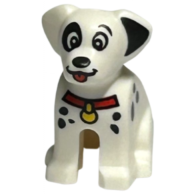 white dog dalmatian sitting with black ear nose and spots and red tongue and collar with yellow tag pattern