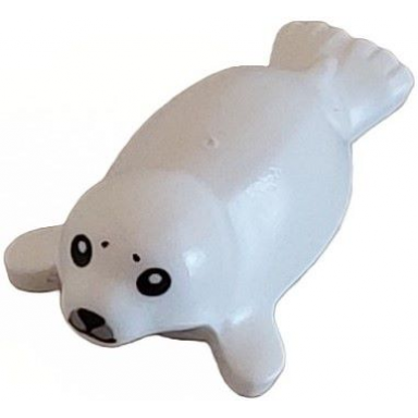 white seal baby with black eyes nose and mouth and light bluish gray muzzle pattern
