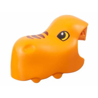 orange duplo dinosaur tyrannosaurus rex head and upper jaw with dark red stripes black and yellow eyes pattern