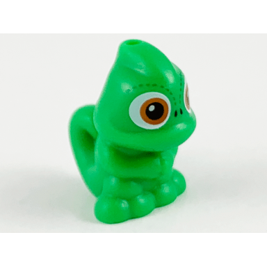 bright green chameleon upright with hole on top and hole on tail with dark orange eyes pattern pascal