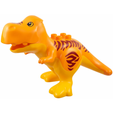 orange duplo dinosaur tyrannosaurus rex with fixed bright light orange stomach and legs and printed dark red stripes black and yellow eyes pattern
