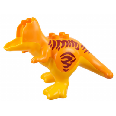 orange duplo dinosaur tyrannosaurus rex body with fixed bright light orange stomach and legs and printed dark red stripes pattern