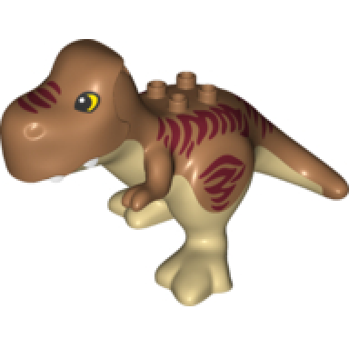 medium nougat duplo dinosaur tyrannosaurus rex with fixed tan stomach and legs and printed dark red stripes black and yellow eyes white teeth pattern