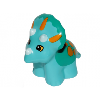 medium azure duplo dinosaur triceratops baby with fixed dark turquoise top and printed white horns yellow eyes and bright light orange spots pattern