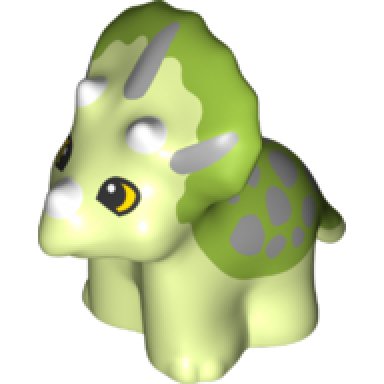 yellowish green duplo dinosaur triceratops baby with fixed lime top and printed white horns yellow eyes and light bluish gray spots pattern