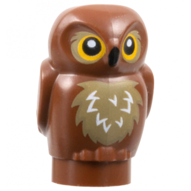 reddish brown owl small with bright light orange eyes dark tan feathers and black beak pattern