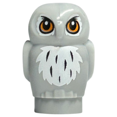 light bluish gray owl small with orange eyes and white and black feathers pattern