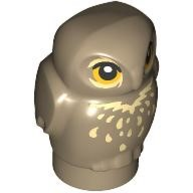 dark tan owl small with bright light orange eyes and tan feathers pattern