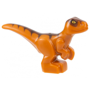 dinosaur baby standing with reddish brown back dark brown stripes and yellow eyes pattern