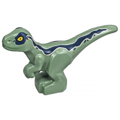 sand green dinosaur baby standing with dark blue stripes and yellow eyes pattern