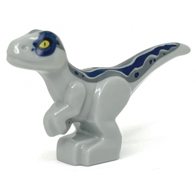 light bluish gray dinosaur baby standing with dark blue and dark bluish gray stripes and yellow eyes pattern jurassic world blue