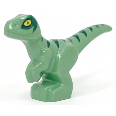 sand green dinosaur baby standing with dark green stripes and yellow eyes pattern jurassic world delta