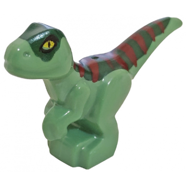 dinosaur baby standing with dark green back dark red stripes and yellow eyes pattern