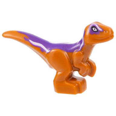 dark orange dinosaur baby standing with dark purple back white stripes and white eyes pattern