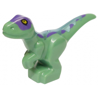 sand green dinosaur baby standing with dark purple back metallic light blue stripes and yellow eyes pattern