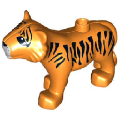 orange duplo tiger adult with white muzzle black stripes nose and eyes almond shaped pattern