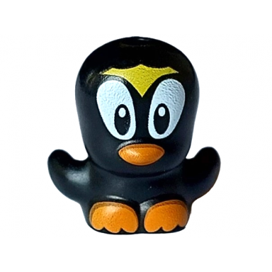 black bird chick with open wings with large black and white eyes yellow crest orange beak and feet pattern sonic the hedgehog pecky penguin