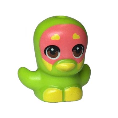 lime bird chick with open wings with coral face reddish brown eyes yellow eyebrows beak and feet pattern