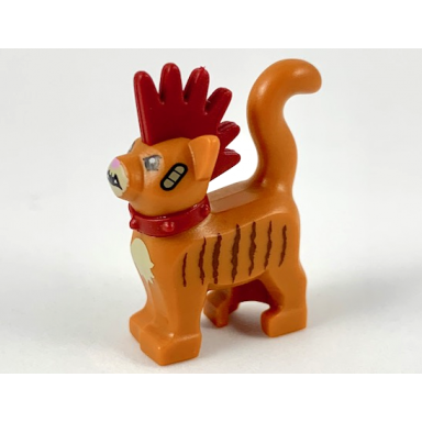 dark orange cat standing with molded dark red spiky mohawk and collar printed bandages and dark brown stripes pattern scarfield