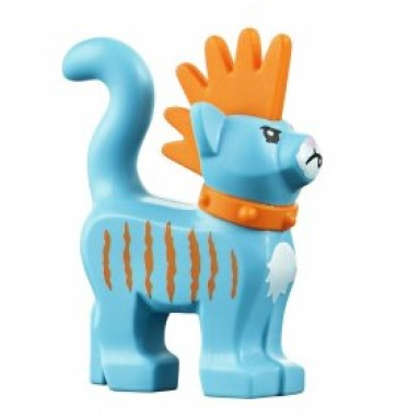 medium azure cat standing with molded orange spiky mohawk and collar and printed orange stripes white muzzle and chest bright pink nose closed mouth with fang pattern mo