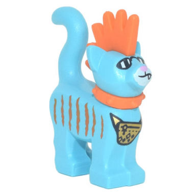 medium azure cat standing with molded orange spiky mohawk and collar printed stripes sunglasses and gold pouch pattern mo