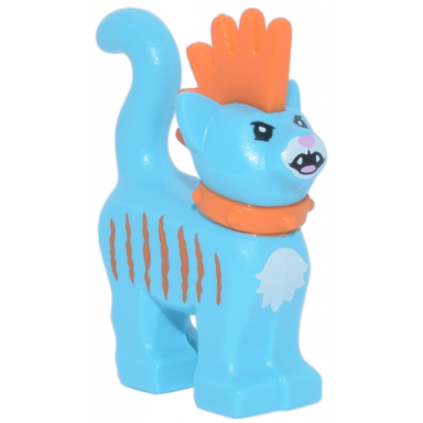 cat standing with molded orange spiky mohawk and collar and printed stripes white muzzle and chest bright pink nose open mouth with fangs pattern mo