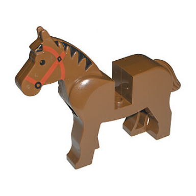 brown horse with black eyes red bridle black mane pattern