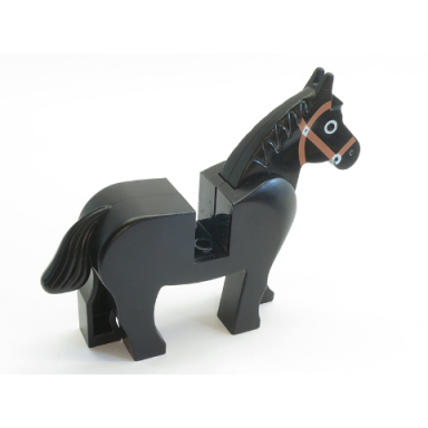 black horse with black eyes circled with white brown bridle pattern