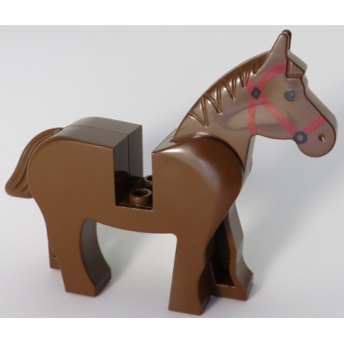 brown horse with black eyes red bridle pattern