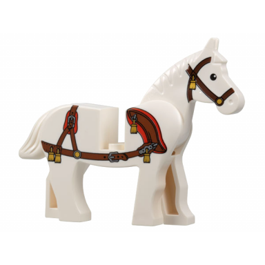 white horse with black eyes white pupils dark brown bridle and reddish brown harness with gold tassels pattern