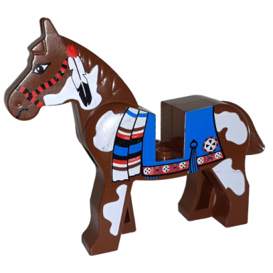 brown horse with blue blanket right side red circle pattern