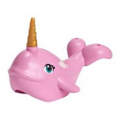 bright pink whale with dark turquoise eyes pattern with pearl gold horn narwhal