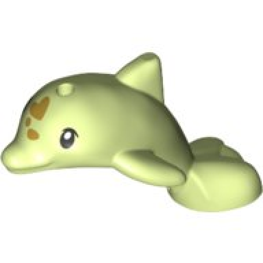 yellowish green dolphin baby friends jumping with black eyes and gold spots pattern