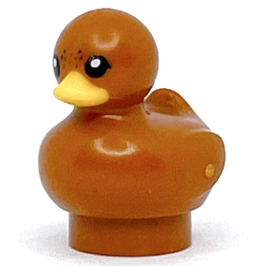 dark orange duckling with molded bright light orange beak and printed black eyes and reddish brown spots pattern