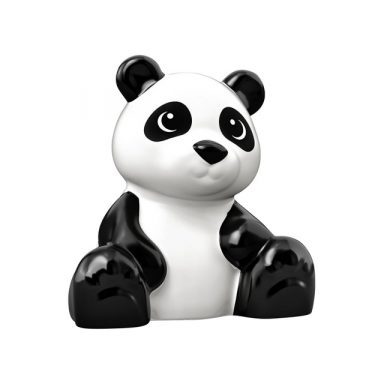 white duplo bear baby cub sitting with molded black ears nose arms legs and tail and printed eyes pattern panda bear