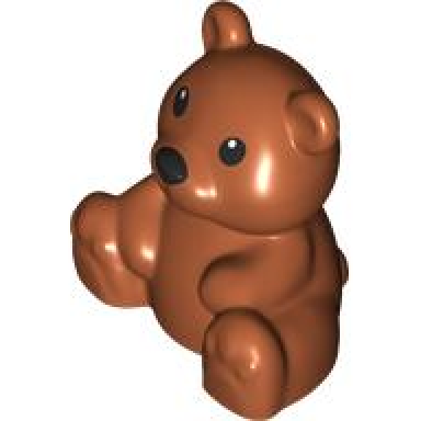 dark orange duplo bear baby cub sitting with black eyes and nose pattern teddy bear