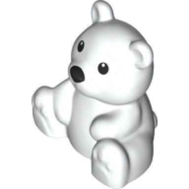 white duplo bear baby cub sitting with black eyes and nose pattern teddy bear