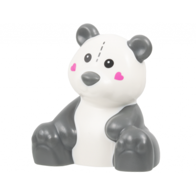 duplo bear baby cub sitting with molded dark bluish gray ears nose arms legs and tail and printed eyes stitches and dark pink hearts pattern panda marked teddy bear