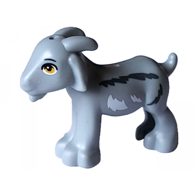 light bluish gray goat friends with bright light orange eyes black eyebrows and white and dark bluish gray fur pattern