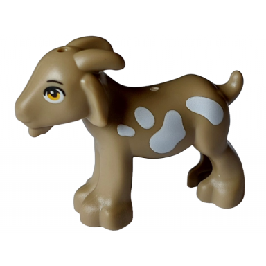 dark tan goat friends with bright light orange eyes black eyebrows and white spots pattern