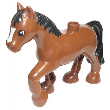 reddish brown duplo horse with white blaze black mane and tail pattern