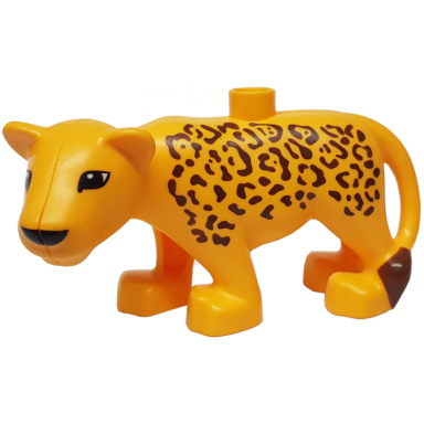 bright light orange duplo cat large adult female leopard with black nose and eyes almond shaped reddish brown tail end and spots pattern
