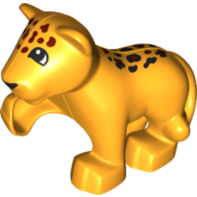 bright light orange duplo jaguar baby cub raised paw with eyes and dark brown and black spots pattern