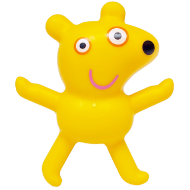 bright light orange duplo teddy bear arms and legs outstretched with black nose white eyes with orange outlines and dark pink mouth pattern
