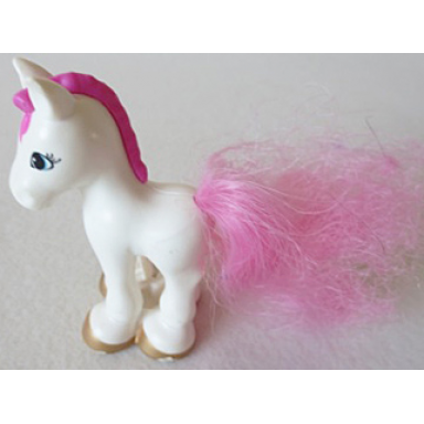 white duplo horse baby foal pony with dark pink mane and tail