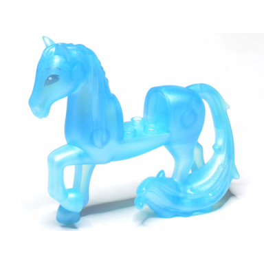 satin trans-light blue horse with 2 x 2 cutout long swooshy tail with metallic light blue eyes pattern nokk
