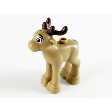 dark tan reindeer fawn with molded dark brown antlers and tail and printed black eyes and eyebrows pattern